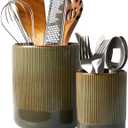 Pokini Utensil Holder, 7.3"+5.3" Ceramic Kitchen Utensil Holder for Countertop, Large Cooking Utensil Organizer, Modern Utensil Crocks Spatula Holder for Farmhouse Kitchen Counter Decor, Brown Green