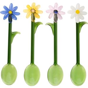 3 Pcs Flower Glass Spoons,5.9 inch Colorful Transparent Long Handled Coffee Stirring Spoons Cocktail Stirrer for Home Bar & Party Gathering