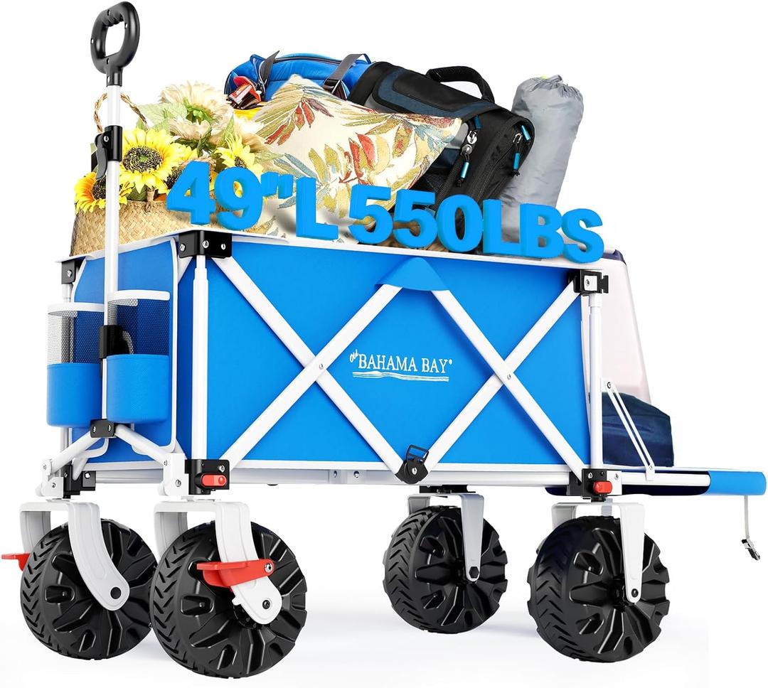 49" L Extra Long Beach Wagon with Tailgate, Big Wheels with Brake for Sand, Collapsible Utility Beach Cart Heavy Duty Folding Wagon, Ideal for Outdoor Sand Camping Garden Pet