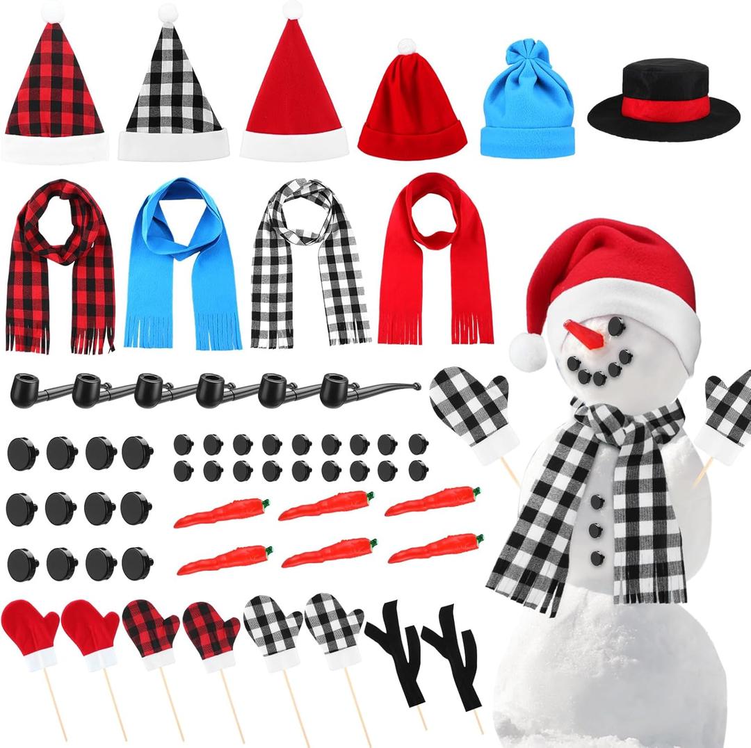 Liitrsh 96 Pcs Snowman Kit Decorating Winter Snowman Building Kits Fun Outdoor DIY Making Craft Snow Toys Accessories for Snow Family Outdoor Play Decoration Gift, 6 Sets (Round Hat)