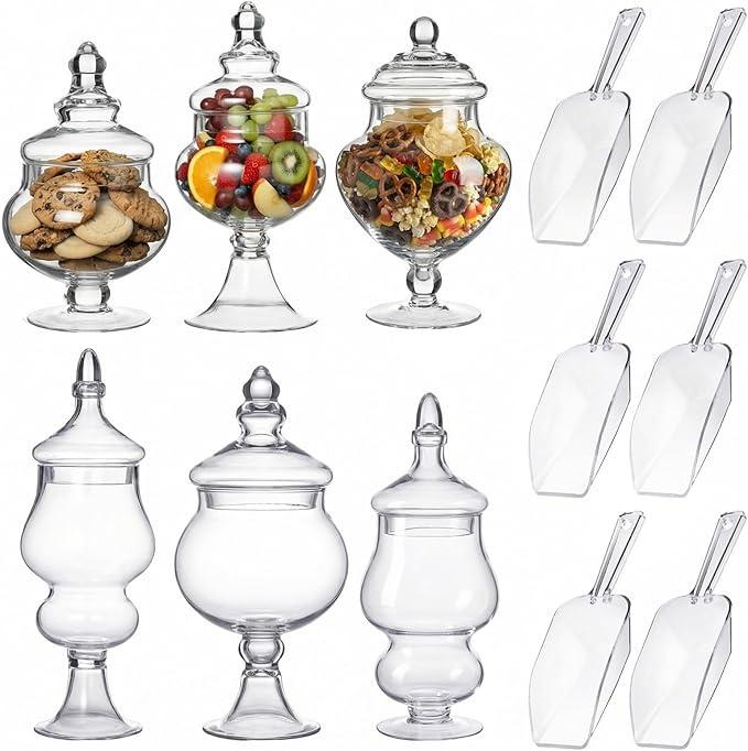 Mimorou 6 Sets Glass Apothecary Jars with Lids and Scoops 3 Styles Clear Candy Jars for Buffets Candy Display Containers Bath Salt Container Cookie Crafts Bathroom Kitchen Storage (Vintage)