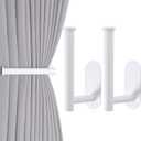 2 Pack Adhesive Curtain Holdbacks - No Drill Curtain Tie Backs & Hooks (White)