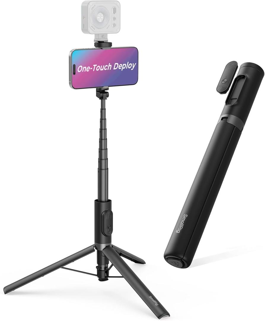 SmallRig ST30 One-Touch Deploy Selfie Stick Tripod, 57.9" Automatic Tripod Stand with Remote and Cold Shoe Mount, for iPhone, for Android, Video Recording, Travel, Vlogging, Black 5291