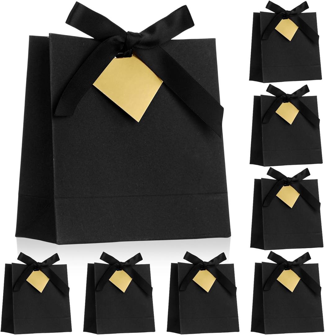 8 Pcs Small Black Gift Bags with Golden Tag 5.51 x 5.51 Inches Mini Gift Bags with Ribbon for Birthday Wedding Christmas Baby Showers, Bachelorette Bridal Showers Business Party Favor