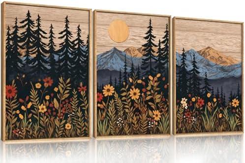 HOURIA Mid Century Woodland Mountain Framed Canvas Wall Art Set,Vintage Natural Sunset Wildflower Forest Field Decor,Wilderness Boho Floral Pine Tree Landscape Artwork for Living Room,Office-16"x24"x3