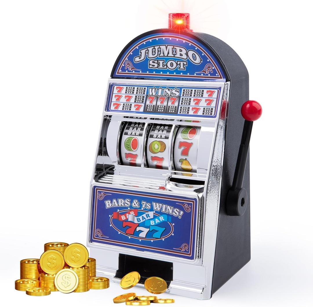 Slot Machine Money Bank (4.2 * 3.9 * 8.26inch) Lucky Seven Casino Games Piggy Bank with Flashing Lights and Jackpot Sounds Blue