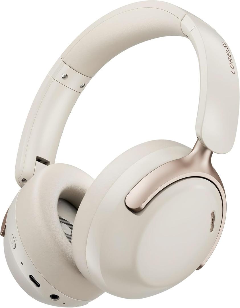LORELEI Q30 Bluetooth Headphones Over Ear,60H Playtime & 3 EQ Music Modes,BT6.0 Headphones Wireless with Mic,Foldable Lightweight Headsets,HiFi Stereo Deep Bass for Home Travel iPad Tablet-Beige White
