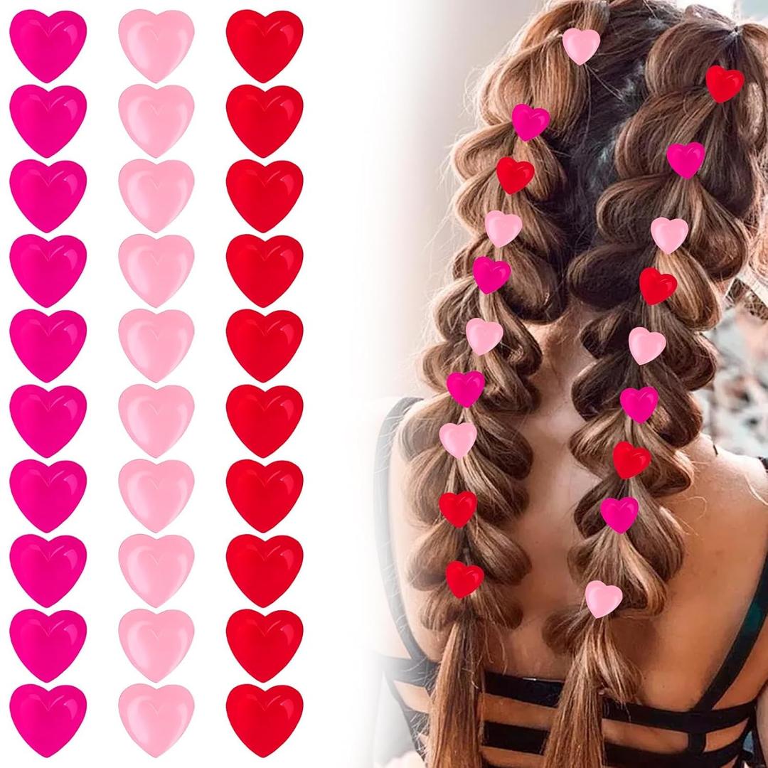 30Pcs Mini Rhinestone Heart-Shaped Bean Heart Hair Clips, Cute Pink Mini Hair Clips Accessories Decorations Supplies for Women, Valentine's Day Themed Party Decor Supplies