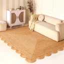 Scalloped Natural Jute Area Rug 8x10ft Handwoven Natural Fiber Rug for Living Room, Bedroom, and Entryway, Rustic & Boho Style
