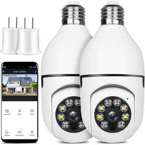 Light Bulb Security Camera Wireless Outdoor Indoor 2.4G WiFi Security Cameras for Home Security 360 PTZ Camera Motion Detection and Alarm Two-Way Audio Based E27 Light Bulb Socket (2 Pack (No Card))