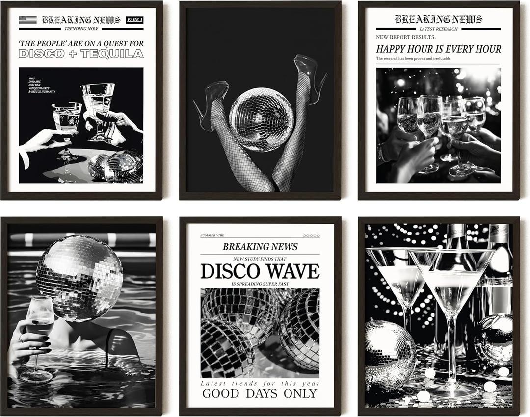 97 Decor Vintage Disco Ball Poster - Black White Wall Art, 70s Liquor Print, Trendy Newspaper Aesthetic Pictures, Retro Bar Cart Decorations, Disco Funky Decor for Teen Girl Dorm Bedroom (8X10 Unframed)