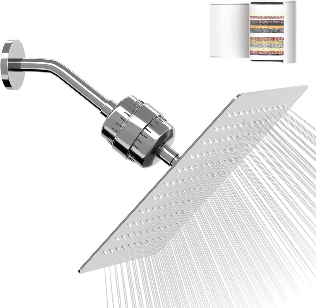 Filtered Shower Head with 20-Stage Shower Filter,Two Replacement Filter Cartridges,Rain Shower head High Pressure for Removing Chlorine and Harmful Substances(10 Inch, Chrome Finish)