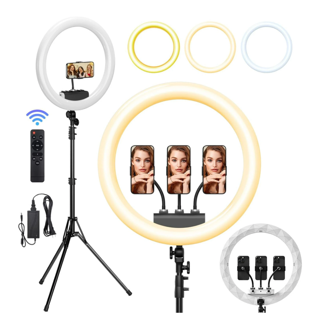 Ring Light with Stand, 19in LED Selfie Circle Light, Max 8ft/2.5m Tripod Stand, 3 Holders for iPhone, Remote Control, 6300K Color Temperature for Live Streaming, Barber, Makeup, YouTube, Tiktok