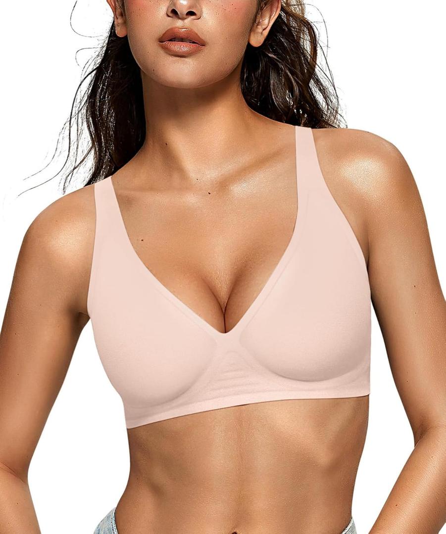 OEAK Womens Deep V Bras Wireless Comfortable Bra Supportive No Underwire Bras Tshirt Push Up Bralettes Plunge Seamless Bra (Small, Skin Color)
