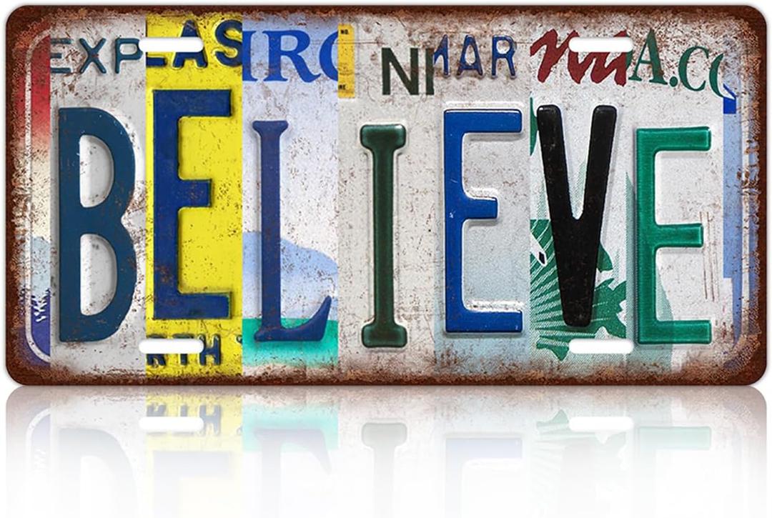Vintage Believe License Plate Wall Decor Bar Metal Tin Sign 12 x 6 Inches