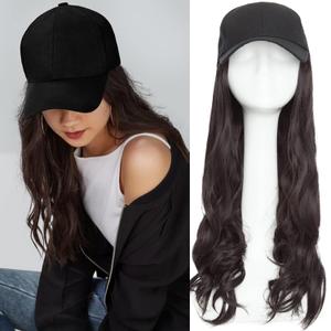 S-noilite 16" Baseball Cap with Hair Baseball Hats with Hair Attached Curly Wavy Cap Wig with Hair Extensions Adjustable Culry Baseball Hat Wig for Women (16" -Curly, Dark Brown)