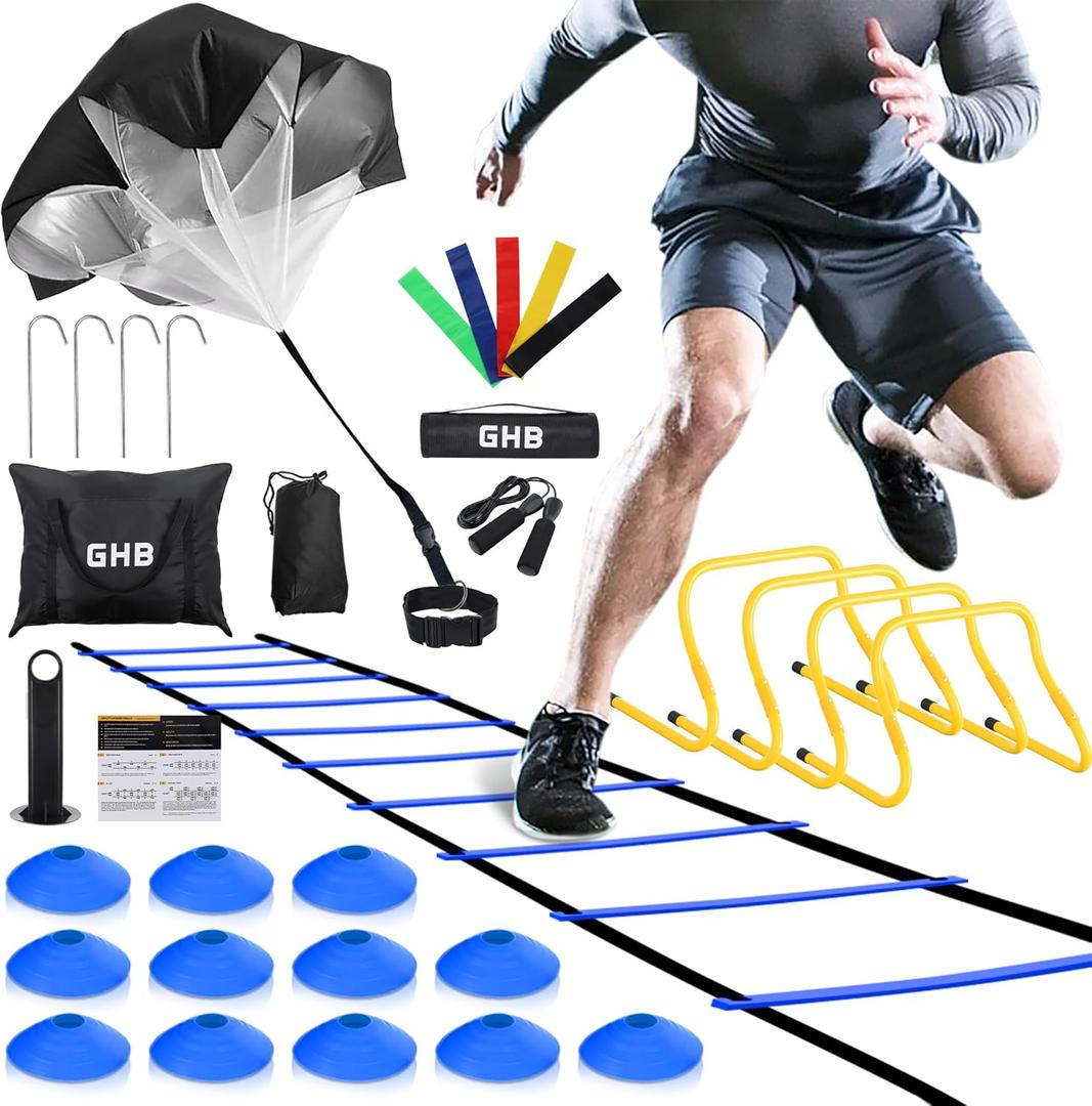 GHB Agility Ladder, Football Training Equipment Set, 4 Agility Hurdles, 20 Feet 12 Rungs Speed Ladder, 12 Disc Cones, Resistance Parachute, Jump Rope, 5 Resistance Bands (Blue)