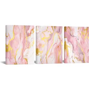 Artsbay Abstract Wall Art Pink Rose Gold Marble Painting Modern Artwork for Bedroom Living Room 12" Wx16 H x3PCS