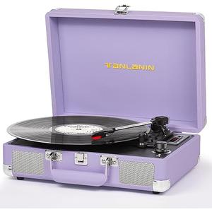 Vinyl Record Player with Builtin Speakers Vintage 3Speed Portable Suitcase Bluetooth Turntables with USB Recording BeltDriven LP Player Support AUX/RCA/Headphone Jack, Purple Leather