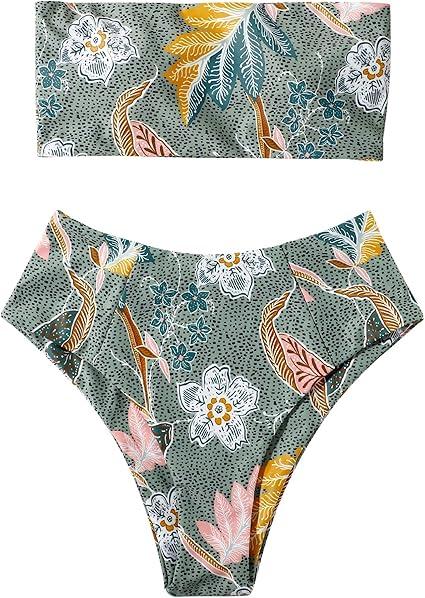OMKAGI Women Bandeau Swimsuit Plant Floral Cheeky High Cut Thong Bikini Set(L, Green Floral-4405)