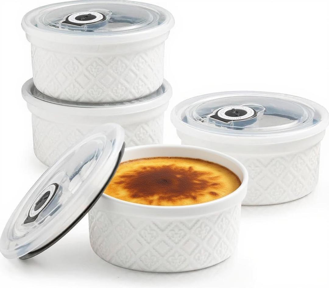 12 oz Ramekin Oven Safe, Creme Brulee Ramekins with Lids, Small White Ceramic Ramekin, Mini Baking Bowls with Cover Set of 4, Ramekins Assorted Sizes