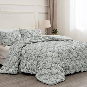 PHF Marshmallow Puff Comforter Set Queen Size, 3 Pieces Ultra Soft Lightweight Bedding Set for All Season, Pattern Textured 1 Comforter with 2 Pillow Shams, Light Grey