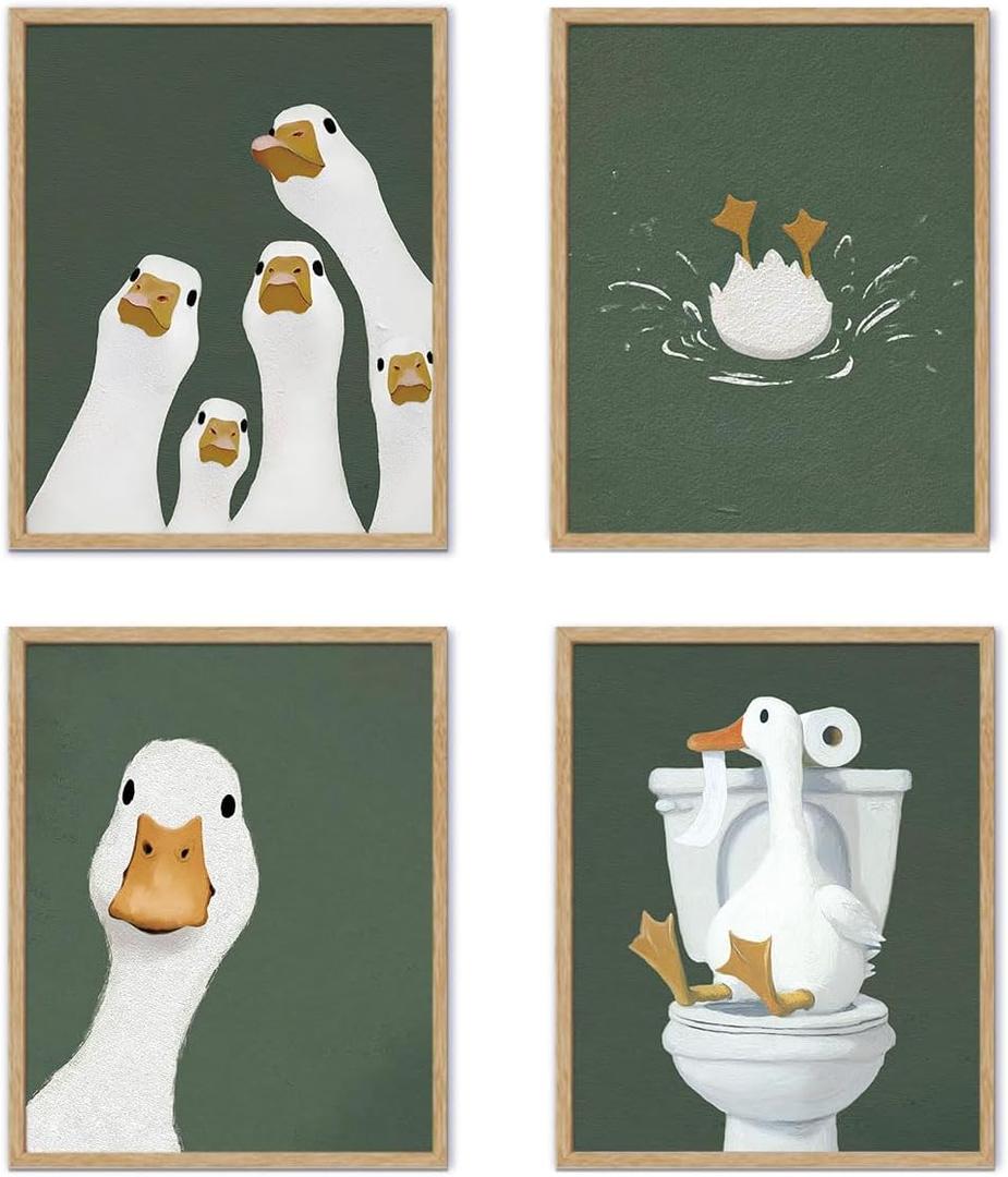 YZSLA Kids Bathroom Green Goose Wall Art Decor, Nursery Bathroom Wall Art Prints, Funny Animal Poster Art Prints Room Decorations for Kids Nursery Washroom Restroom Toilet Decor,8x10 Unframed Set of 4