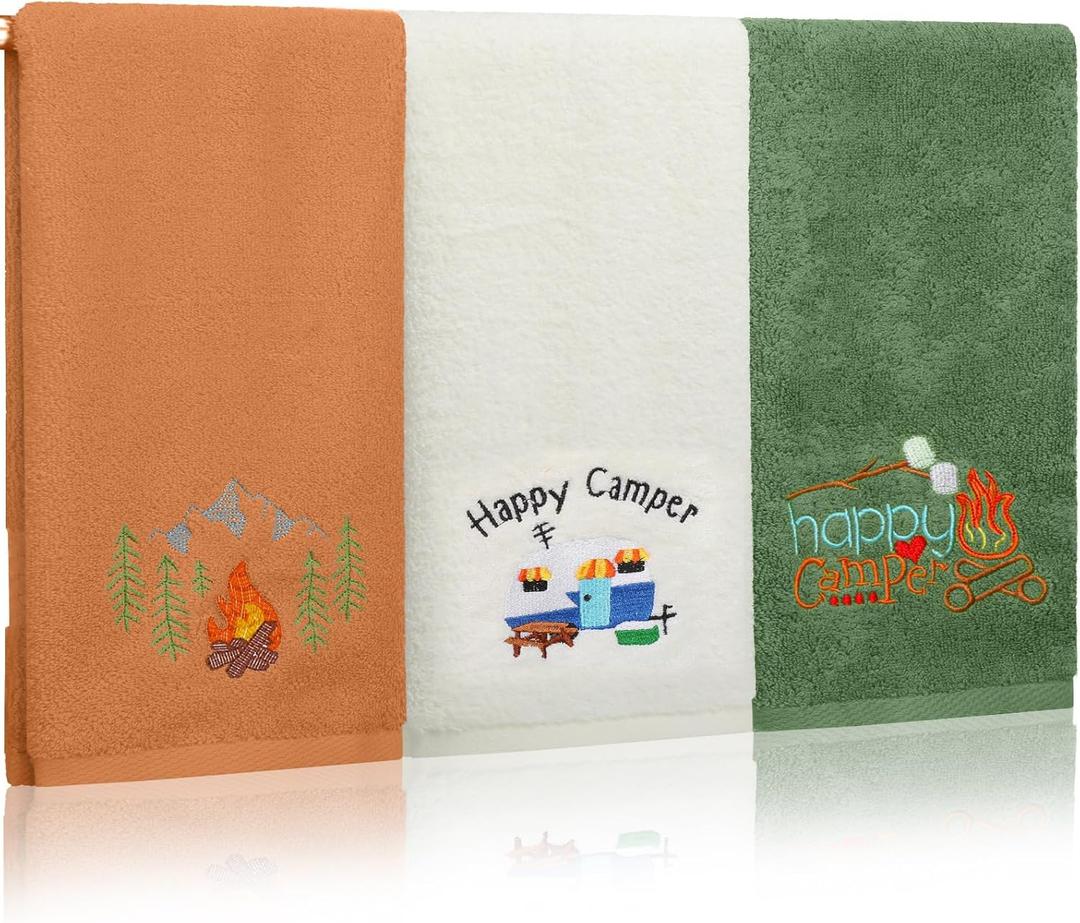 3 Pcs Camping Hand Towels for Bathroom 100% Cotton Decorative Embroidered RV Hand Towels Farmhouse Happy Campers Bathroom Decor 14 x 29 Inch Rustic Vintage Gifts for Camping RV Kitchen