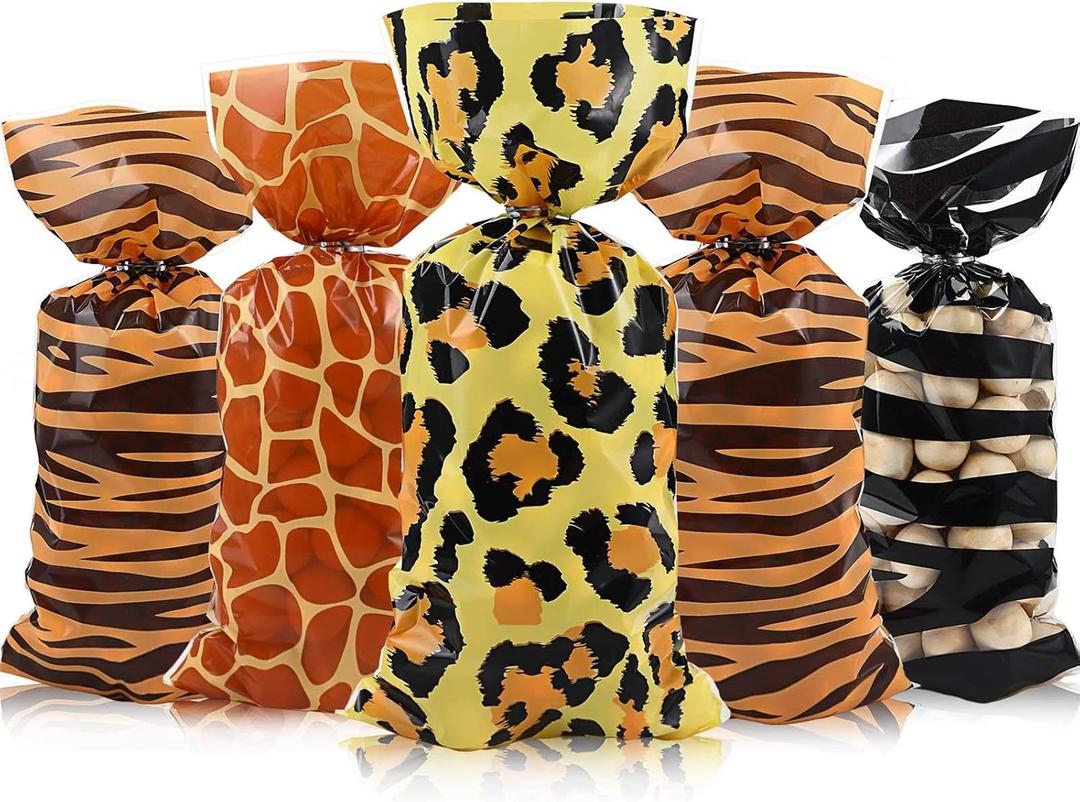 120 Pieces Jungle Animal Treat Bags, Wild Giraffe Cheetah Zebra Tiger Print Cellophane Plastic Candy Bags with 100 Silver Twist Ties for Jungle Safari Zoo Birthday Party Supplies