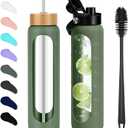 FULBEVY 32 oz Glass Water Bottles - 1 Liter Motivational Tumbler With Time Marker - Borosilicate Glass With Silicone Sleeve and 2 Lids, Handle Spout & Bamboo Straw Lid (Olive)