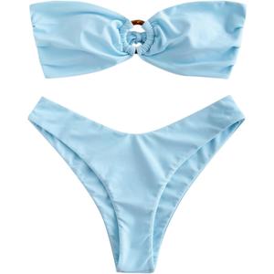ZAFUL Women's Bandeau Bikini O Ring Strapless Tie Back High Cut Two Piece Swimsuit Bathing Suits (1-Light Blue, Small)