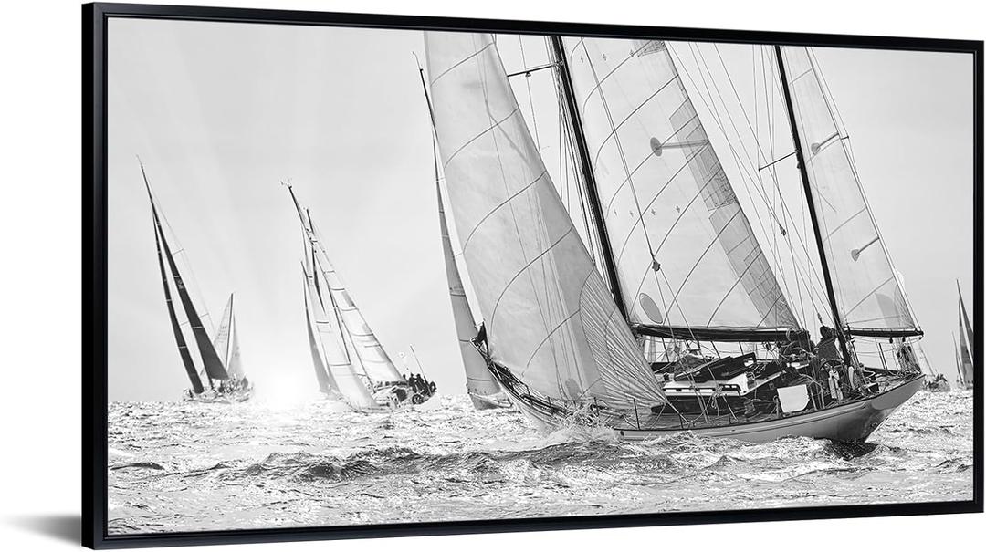 iKNOW FOTO Framed Canvas Wall Art Black and White Sailboat Seascape Vintage Coastal Picture with Black Floater Frame Stretched Ready to Hang 20x40 Boats Wall Art for Living Room, Office, Home Decor