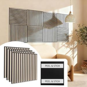 Peel & Stick Acoustic Wood Slat Wall Panels – 23” × 23” 3D Wood-Grain Soundproofing Panels, 4 Pack – Waterproof Decorative Noise-Reducing Wall Panels for Home Office & Studio (White Oak)