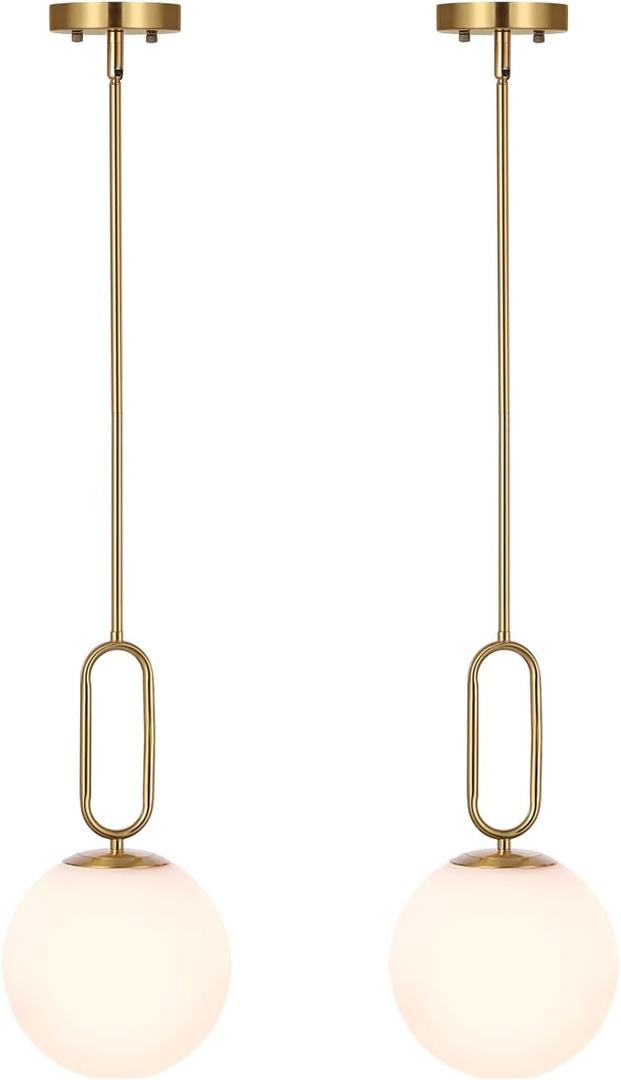 Modern Gold Globe Pendant Light White Globe Glass Shade 2 Pack Brushed Brass Finished Adjustable Rods Hanging Light Fixtures for Kitchen Island Living Room