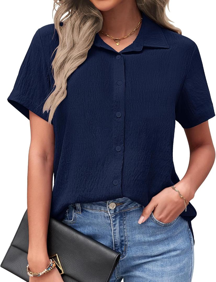 PYGFEMR Womens Button Down Shirts Short Sleeve Loose Collared V Neck Tunics Summer Tops Work Casual Business Blouses