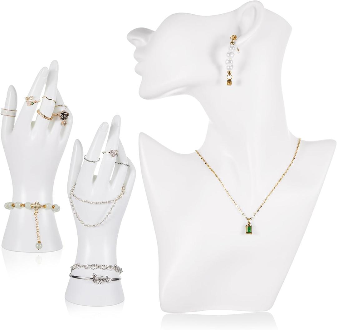 Kigley 3 Pcs Jewelry Mannequin Display Set Including Boutique Bust Holder Mannequin Earring Stand Hand Display Bracelet Ring Stand for Selling Show(White)