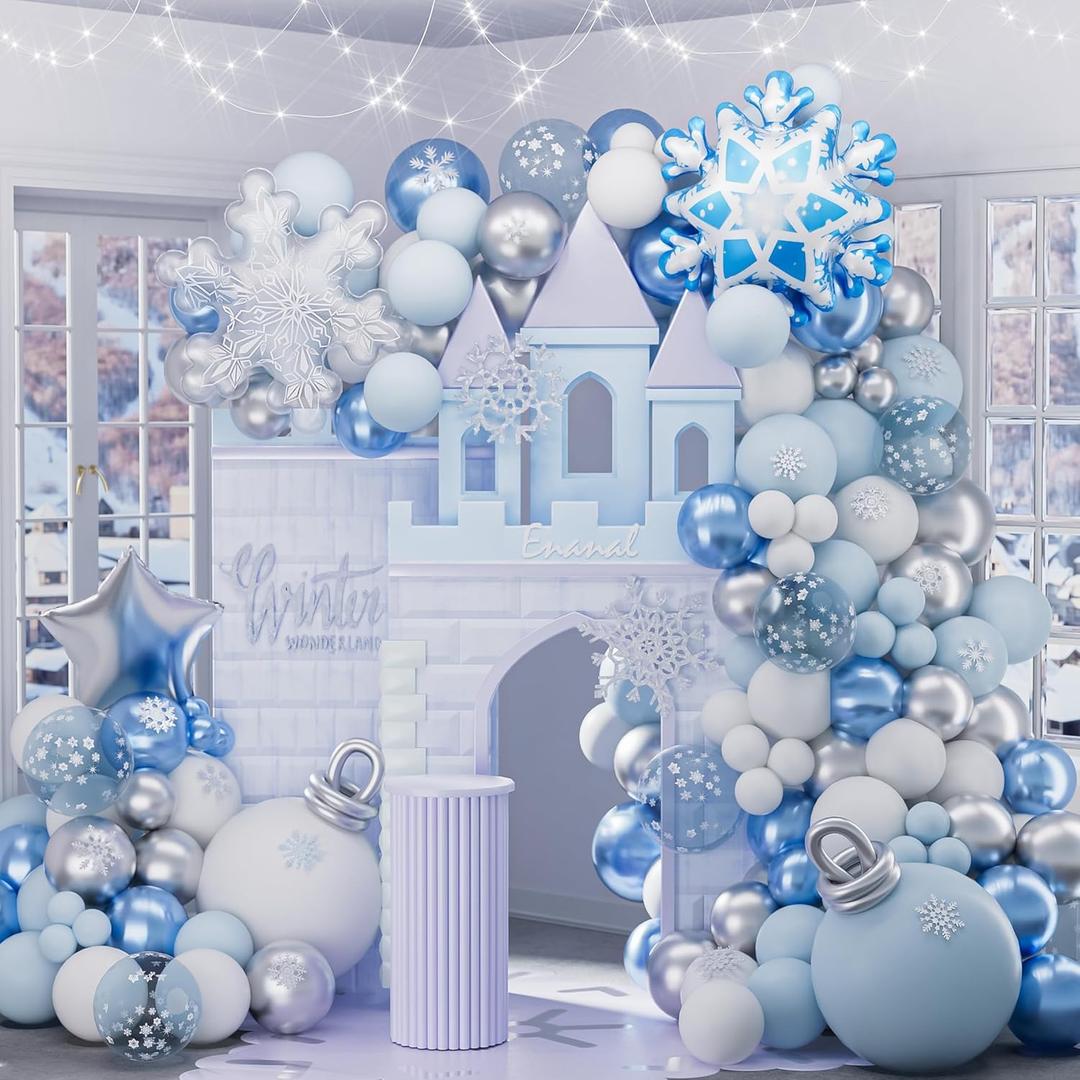 Winter Snowflake Balloon Garland Arch Kit, 155pcs Blue Silver White Balloons with Snow Star Foil Balloons for Christmas Winter Onederland Party Supplies Baby Shower Decoration (Blue)