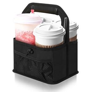 Drink Carrier with Handle, Reusable Drink Caddy, 4 Cup Collapsible Tumbler Tote with Organizer Pockets Safely Secures Cold Beverages, Perfect for Food Delivery and Take Out