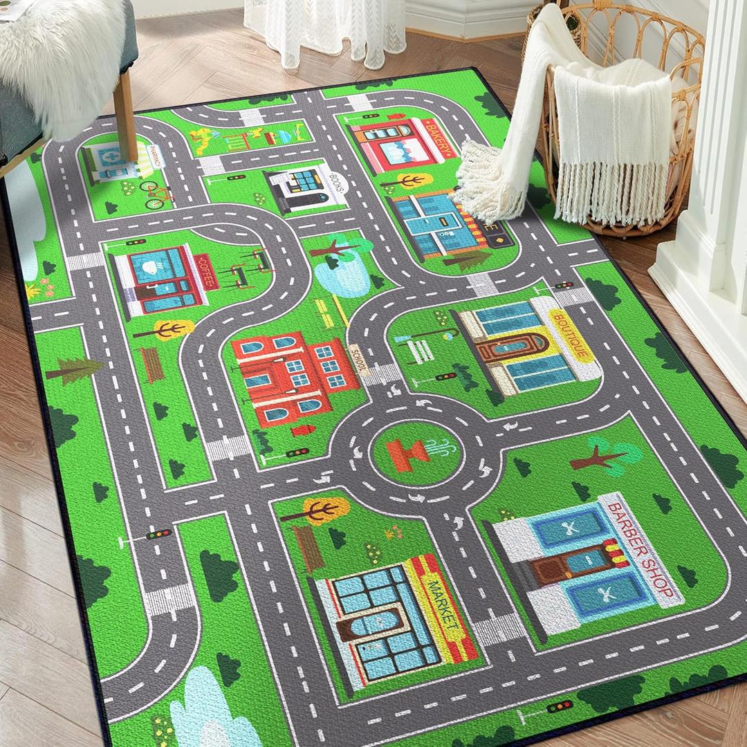 Play Rug for Playroom 59"x39", Kids Car Mat Town City Road Map Carpet, Fun Car Playmat Area Rugs Non-Slip Washable for Bedroom