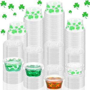 Yaomiao 150 Pcs 2 oz St. Patrick's Day Jelly Cups Shot with Lids Fun Shamrock Clover Shaped Design Plastic Shot Cups for Irish Festival Carnival Party