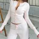 Women Button Down Long Sleeve Ribbed Knit Cropped Cardigans Y2k Solid Crew Neck Slim Fit Crop Cardigan Sweater (Beige, M)