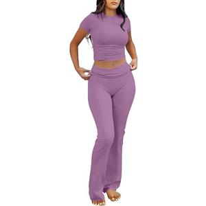 ANRABESS Lounge Sets for Women 2 Piece Foldover Yoga Flare Leggings Pants Crop Tops Casual Y2K Outfits Matching Tracksuit Set Nutmeg X-Small Purple