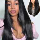Quantum Love Yaki Straight Layered U Part Wigs V Part Glueless Clip in Half Wigs for Women Realistic Natural Looking Heat Resistant Synthetic Hair(24inch,Natural Black)