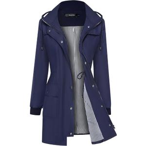 Bloggerlove Rain Jacket Women Lightweight Raincoat Waterproof Windbreaker Striped Climbing Outdoor Hooded Trench Coats (Large, Navy Blue)