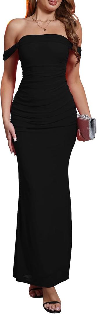 MOEENCN Women's Sexy Bodycon Midi Dress Birthday Outfits Sheer Mesh High Neck Ruched Date Night Club Party Dresses (Black, XL)