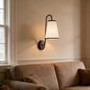 Elegant Design Minimalist Sconce with Linen Shade - Damp Rated in Brass or Plated Steel, Linen Shade Wall Light for Living Room, Bedroom, Kitchen, 6" w x 9" d x 16.5" h (Matte Black)