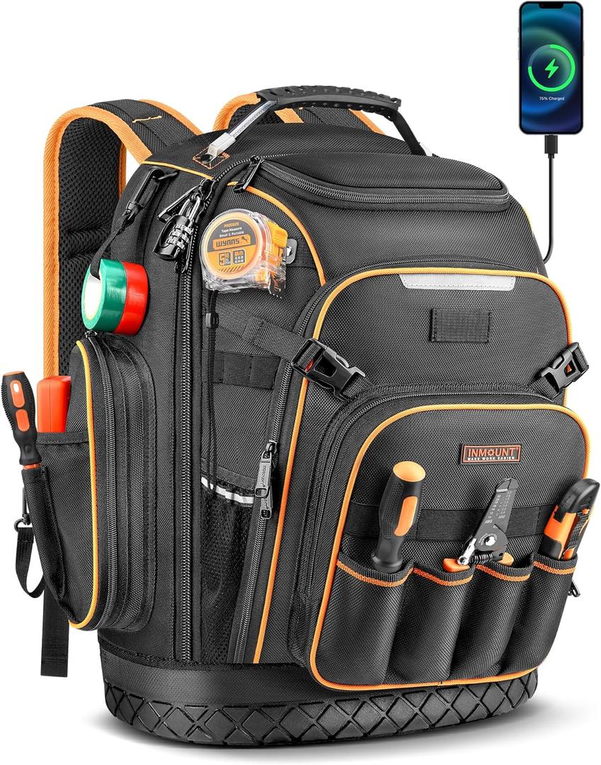 Tool Backpack, HVAC Tool Bag with Molded Base, Full Opening Electrician Tool Backpack for Men Heavy Duty, Tools Organizer Bags for Jobsite Work Handyman, Large Pockets & Combination Lock