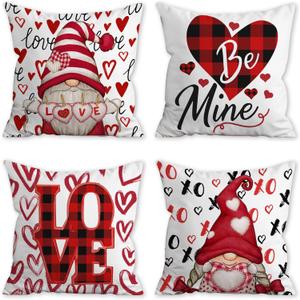 Valentines Day Pillow Covers, Valentines Decorations Indoor Pillow Covers 18x18 Set of 4 Red Buffalo Plaid Gnomes, Valentine Day Decor Throw Pillow Covers for Couch Sofa Living Room Outdoor