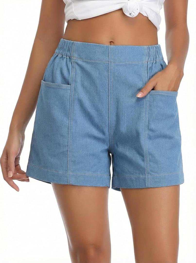Fuinloth Women's Denim Shorts, Elastic Wasit Mid Rise Loose Fit with 2 Front Pockets, Stretchy Jeans Short Pants Light Blue X-Large