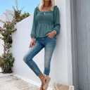 Womens Puff Long Sleeve Babydoll Tops Square Neck Ruffle Peplum Blouse Smocked Loose Fit Tunic Top Dressy Tee Shirts (Medium, Green)